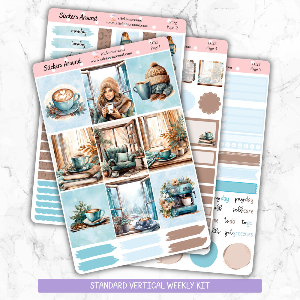 Cozy Winter Coffee Weekly Kit Planner Sticker for Vertical Planner, Coffee Lover