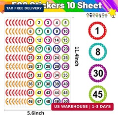 500 PCS Number Stickers 1-50 – 10 Colors 1 Inch Round Dot Number Stickers for Cl