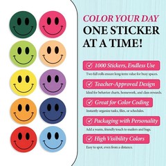 1000PCS Multi-Color Smiley Face Stickers 1 Inch – 2 Rolls of 500 Happy Face L…