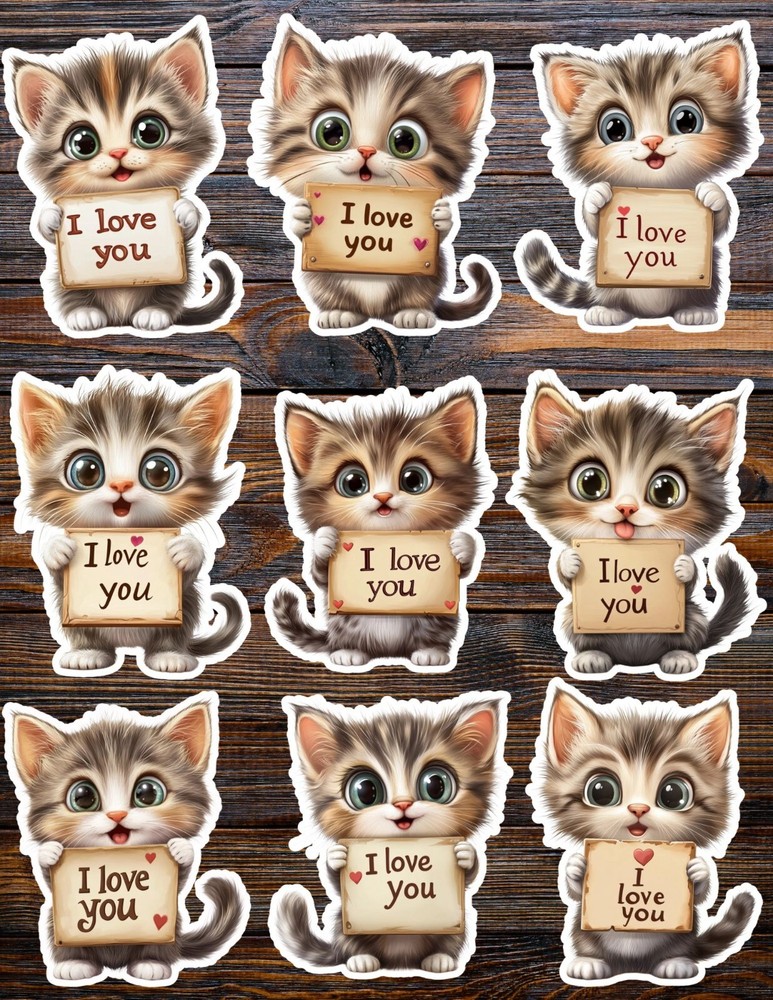 I Love You Kitten Die Cut Vinyl Stickers Set Scrapbooking Laptop Waterbottle