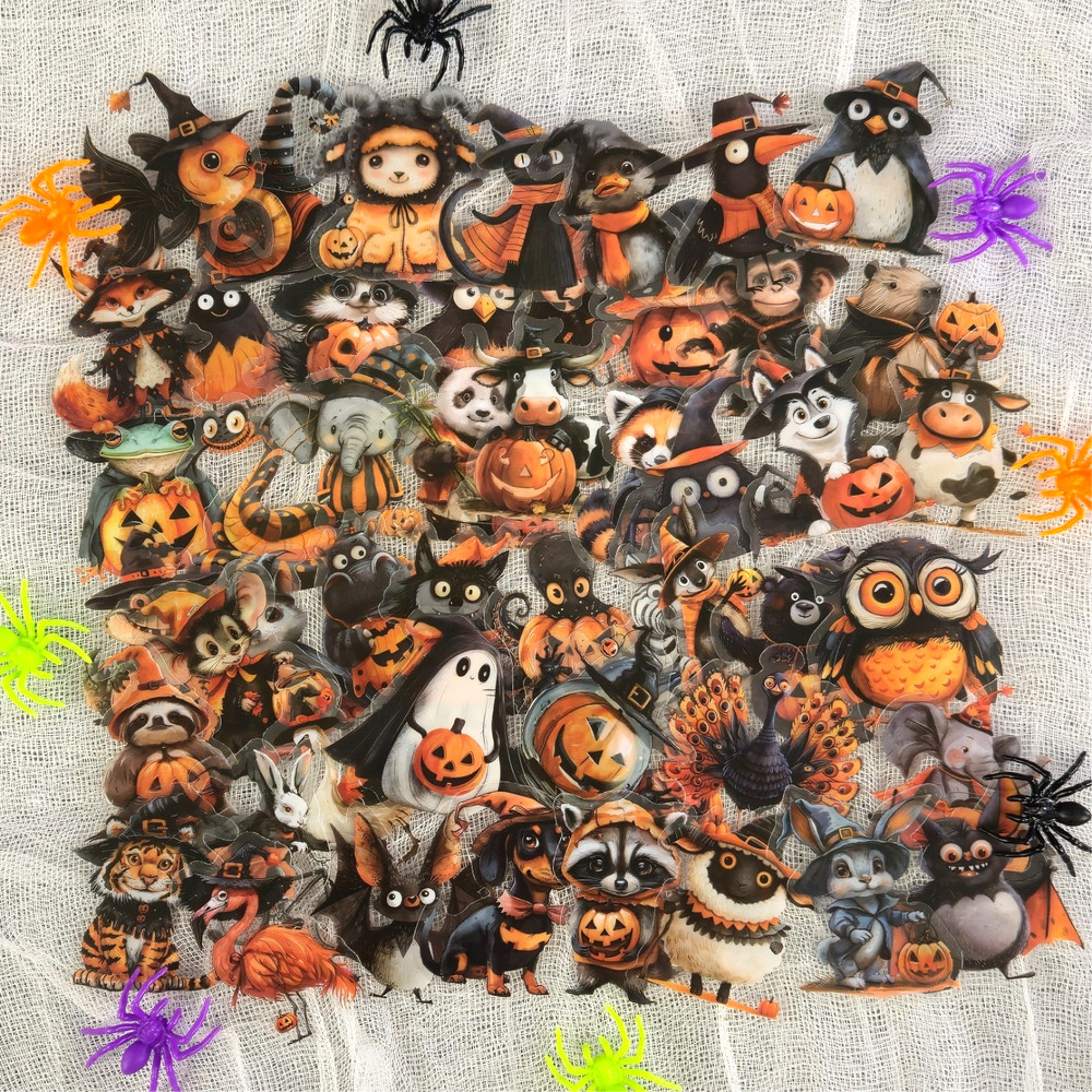 Vintage Style Halloween Animal Stickers w/ Clear Background – Set of 9 Stickers