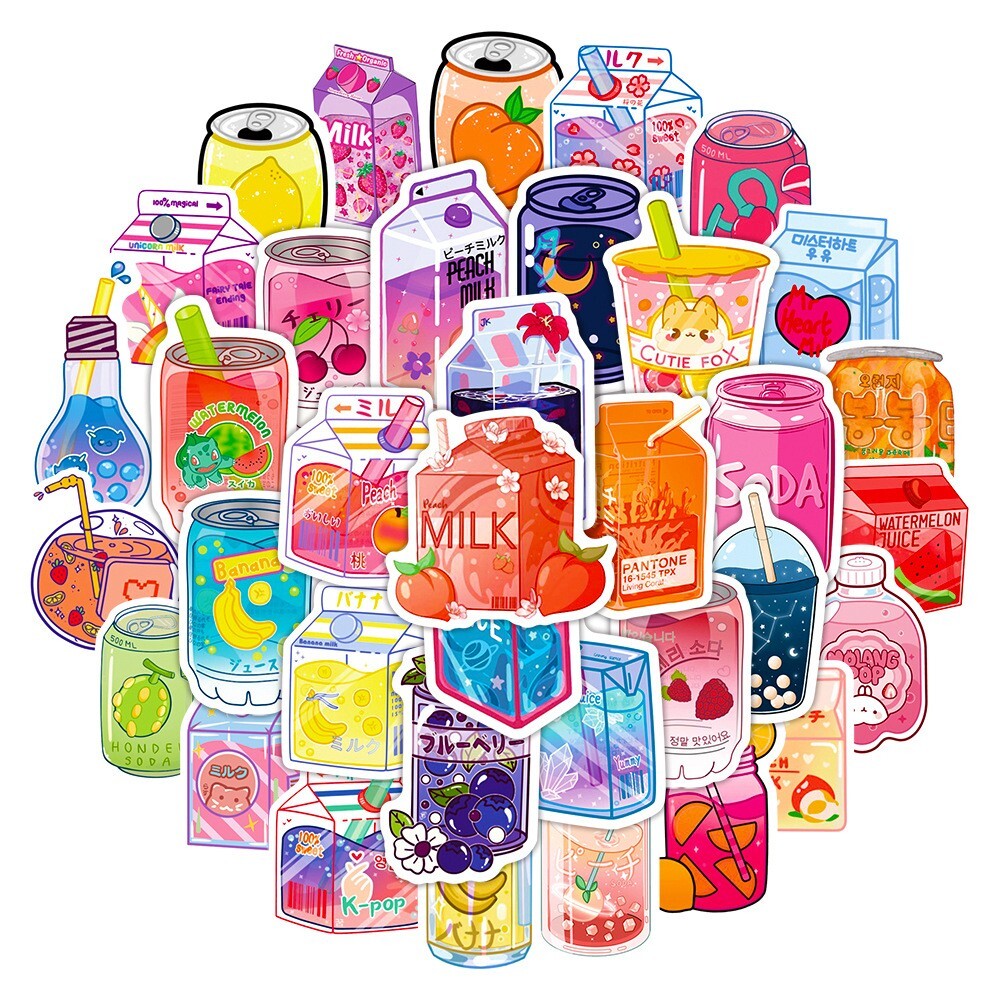 50pcs Drinks Sticker,Boba Juice Strawberry Peach Ice Cream Milk Beverage, 140