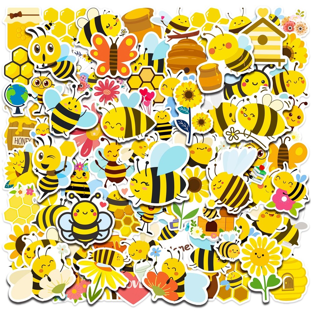 100pcs Bee Theme Waterproof Vinyl Stickers Bumble Bee Decor & Party Favors G…