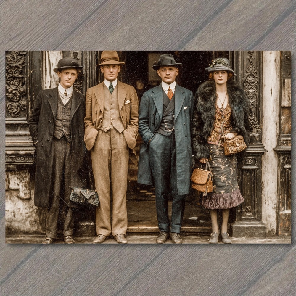 STICKER 1920s Street Portrait Three Gentlemen Fur Coat Lady Handbags Fashion