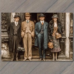 STICKER 1920s Street Portrait Three Gentlemen Fur Coat Lady Handbags Fashion