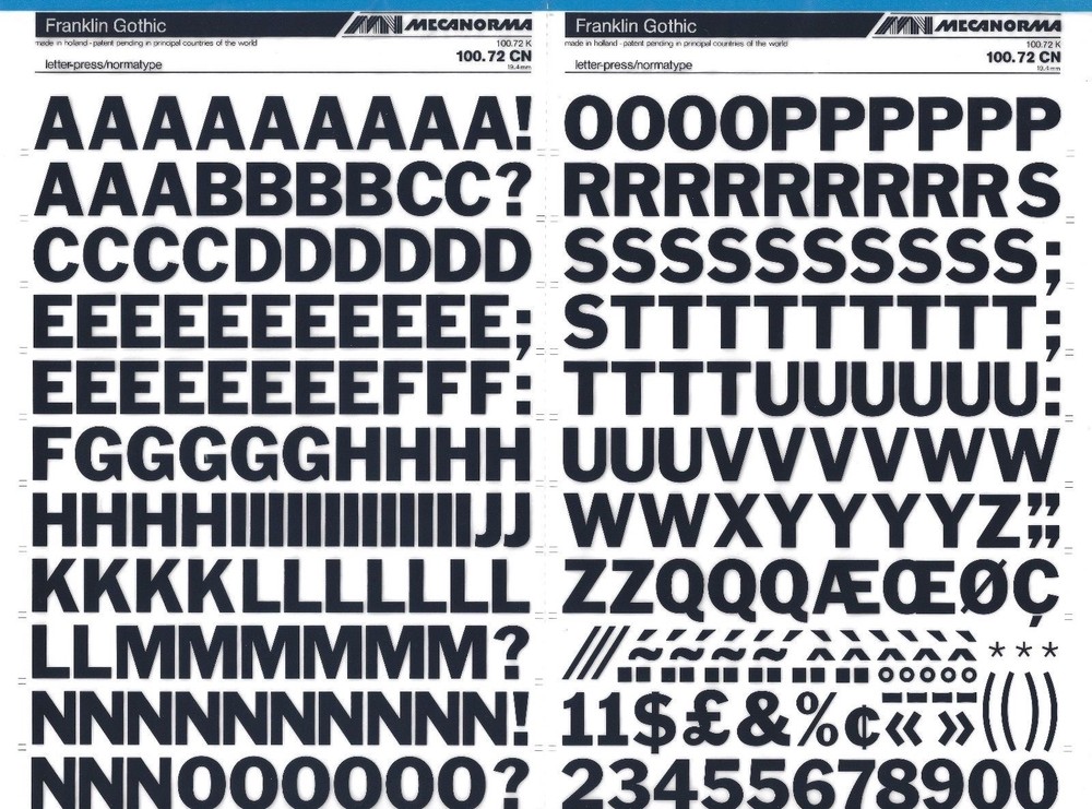 MECANORMA Dry Transfer Lettering 100.72 CN #274 FRANKLIN GOTHIC 19.4mm