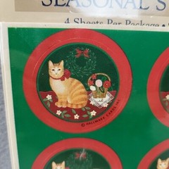 VINTAGE HALLMARK STICKERS CAT W/RED BOW WREATH FLOWERS NOS NIP
