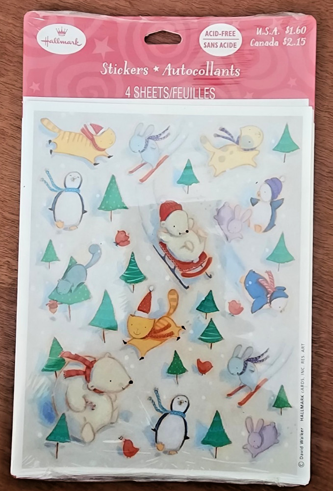Vintage Hallmark David Walker Christmas Winter Sledding Animals Sticker Pack