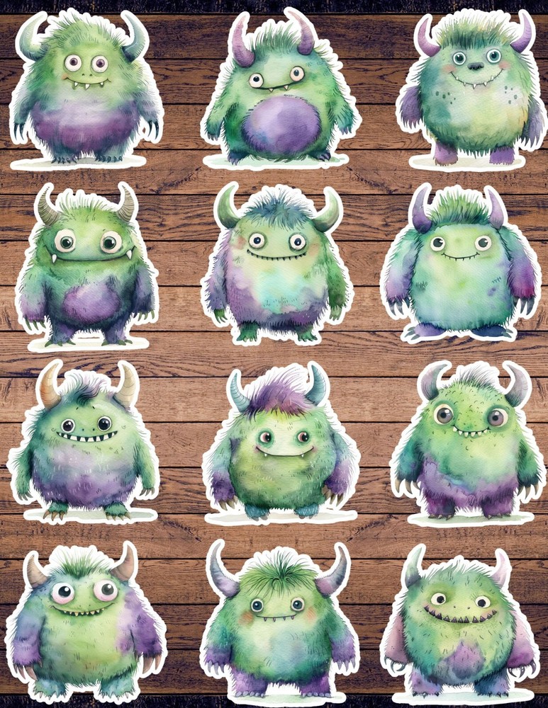 Green Purple Monster Die Cut Vinyl Stickers Set Scrapbooking Laptop Waterbottle