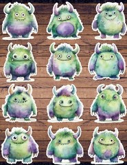 Green Purple Monster Die Cut Vinyl Stickers Set Scrapbooking Laptop Waterbottle