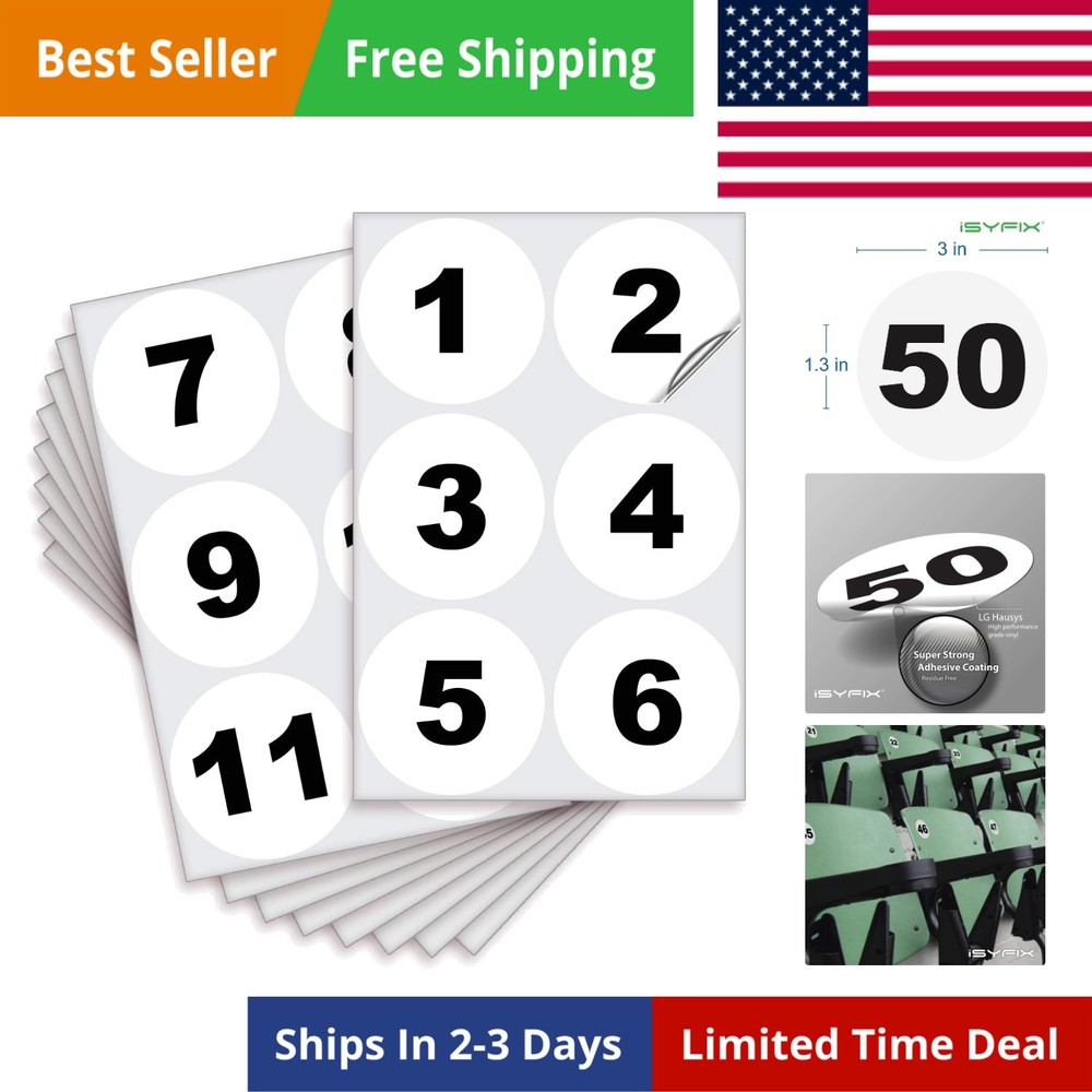 White Consecutive Number Stickers – 1 to 50, 3-inch, 1 set – Vinyl Self Adhes…
