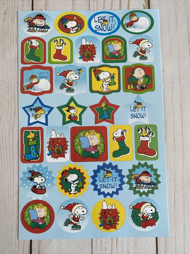 Peanuts Winter + Christmas Snow Stocking Sled Stickers Snoopy Woodstock New