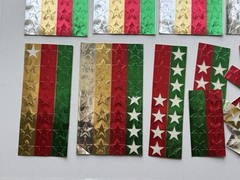 Vintage Metallic Foil Star Stickers 4 full sheets + scraps Silver Gold Red Green