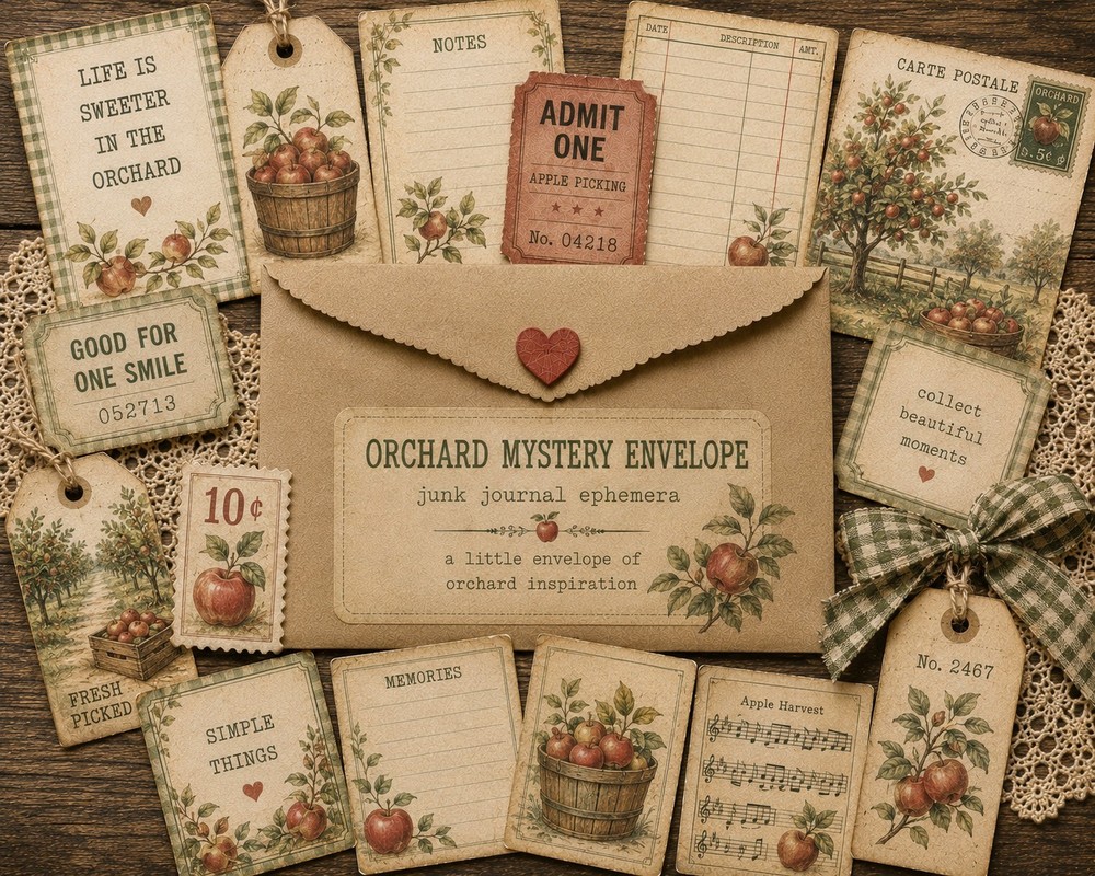 Mystery Junk Journal Ephemera Envelope Vintage Scraps, Tags, Tickets, Orchard