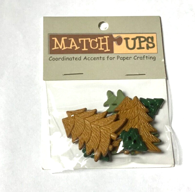 VINTAGE NIP BUTTONS GALORE INTO THE WOODS PINE TREES 8 PIECE FLAT BACK & 2 HOLE