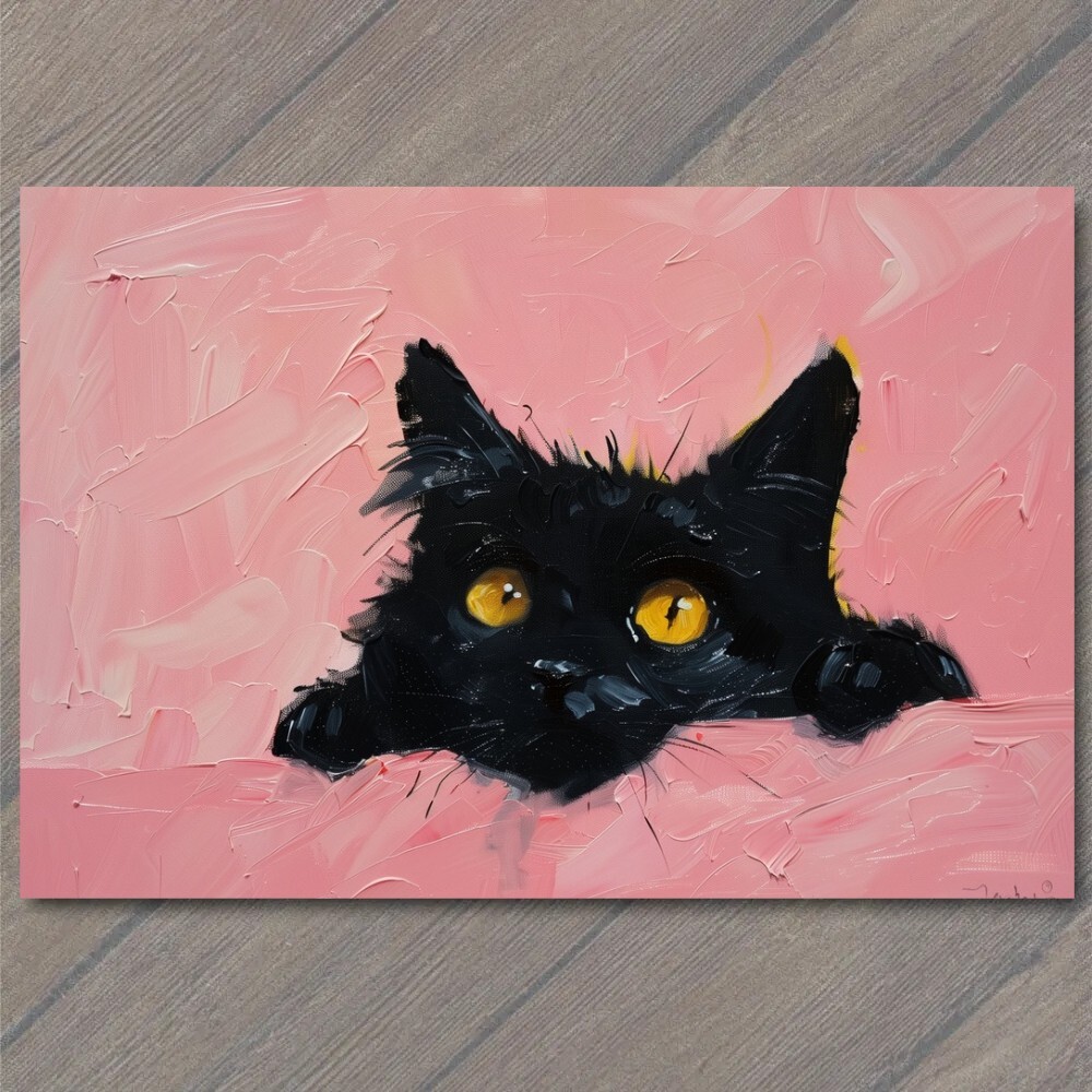 STICKER Black Cat Yellow Eyes Pink Pet Background Painting Cute Fun Feline