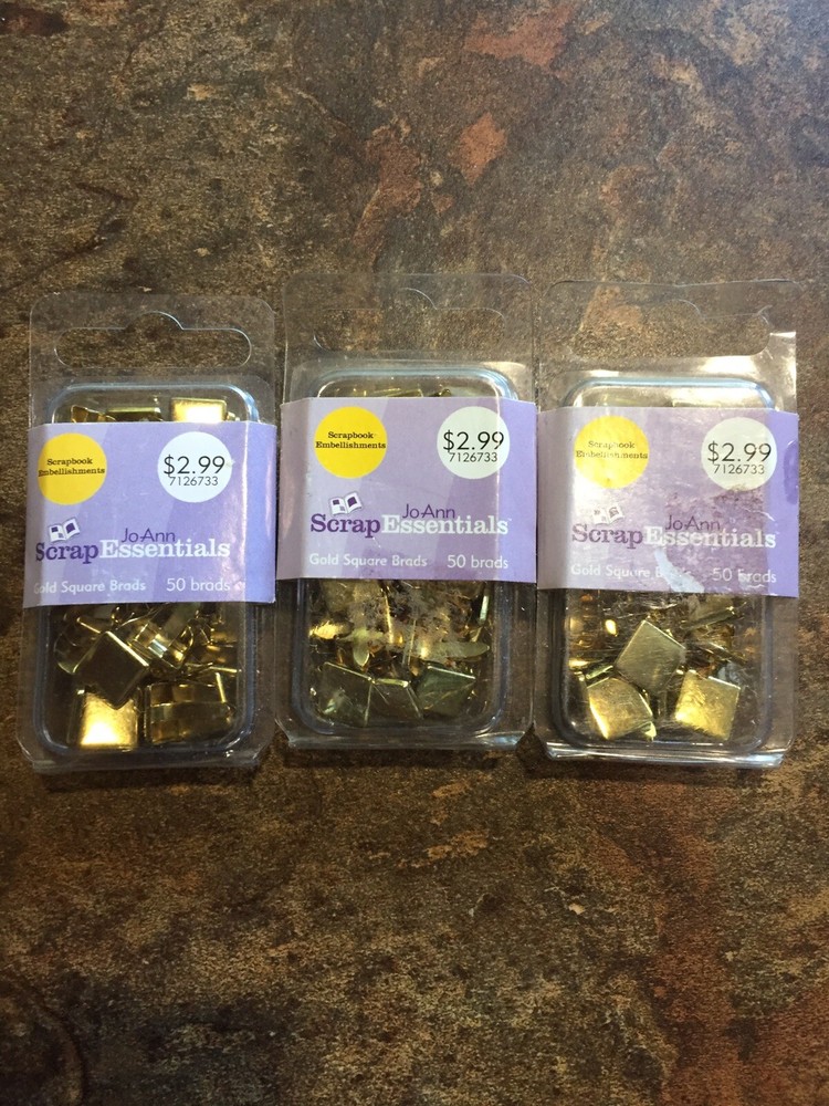New!3 (50 Brads Each Pack)Packs JoAnn Scrap Essentials Gold Square Brads.