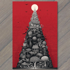 STICKER Tower Forest Mountain Surreal Red Moon Gothic Fantasy Landscape