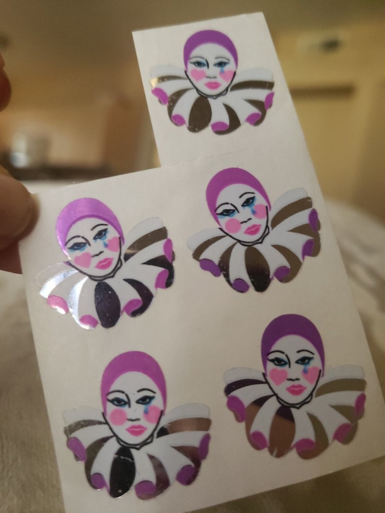 Vintage 1986 Sandylion Mylar Mimes Clowns Circus 5 Stickers Porcelain Mask Foil