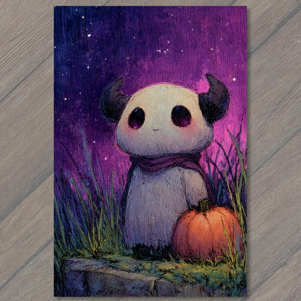 STICKER Cute Horned Creature Holding Pumpkin Under Purple Halloween Sky