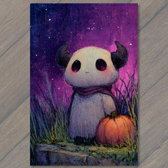 STICKER Cute Horned Creature Holding Pumpkin Under Purple Halloween Sky