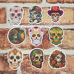Day of the Dead Sugar Skull Stickers | Colorful Floral Calavera | Set of 10