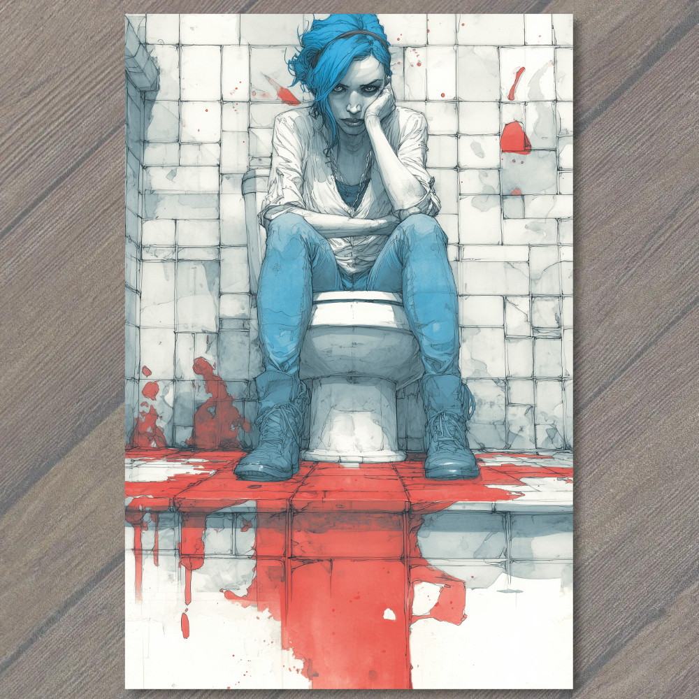 STICKER Blue Hair Girl Toilet Bloody Floor Grimy Walls Red Hands Shadows