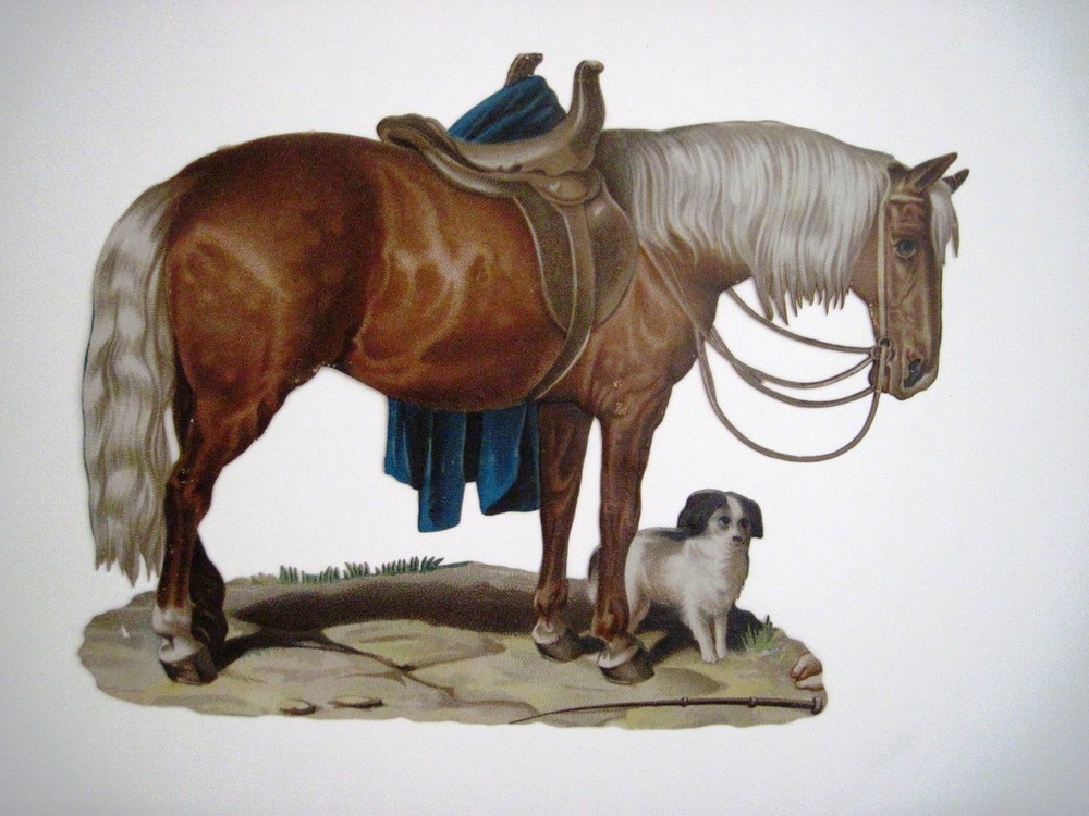 Large Vintage Die Cut of Horse w/ Side Saddle & Little Brown & White Dog *