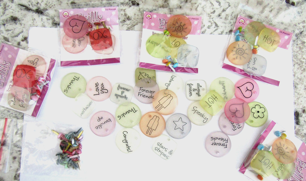 QUEEN & CO FRILLS Tag Its Mixed Lot Acryic Tags with Brads Lot Approx 50