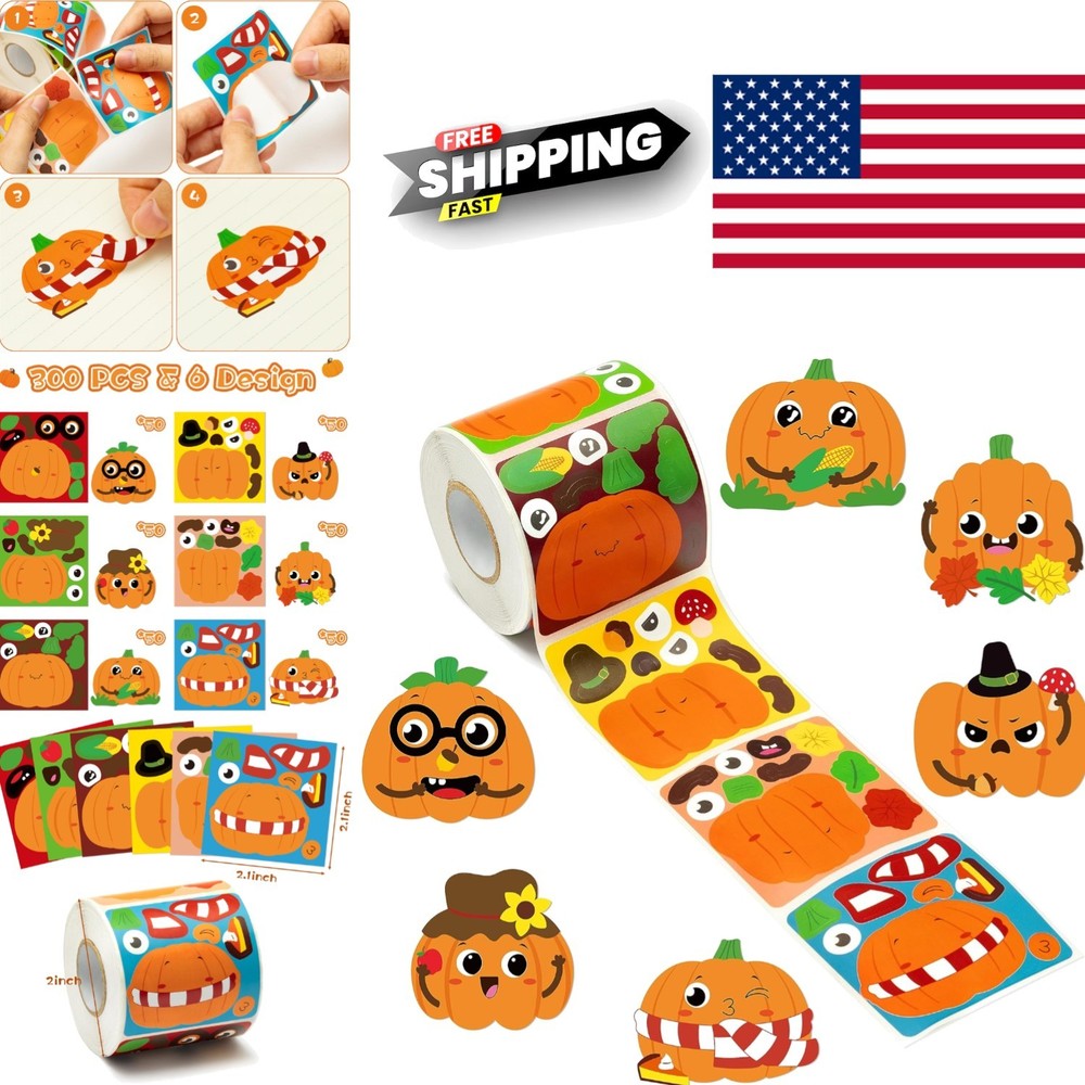 Halloween Pumpkin Stickers Roll 300 Waterproof Vinyl Stickers for Scrapbooking