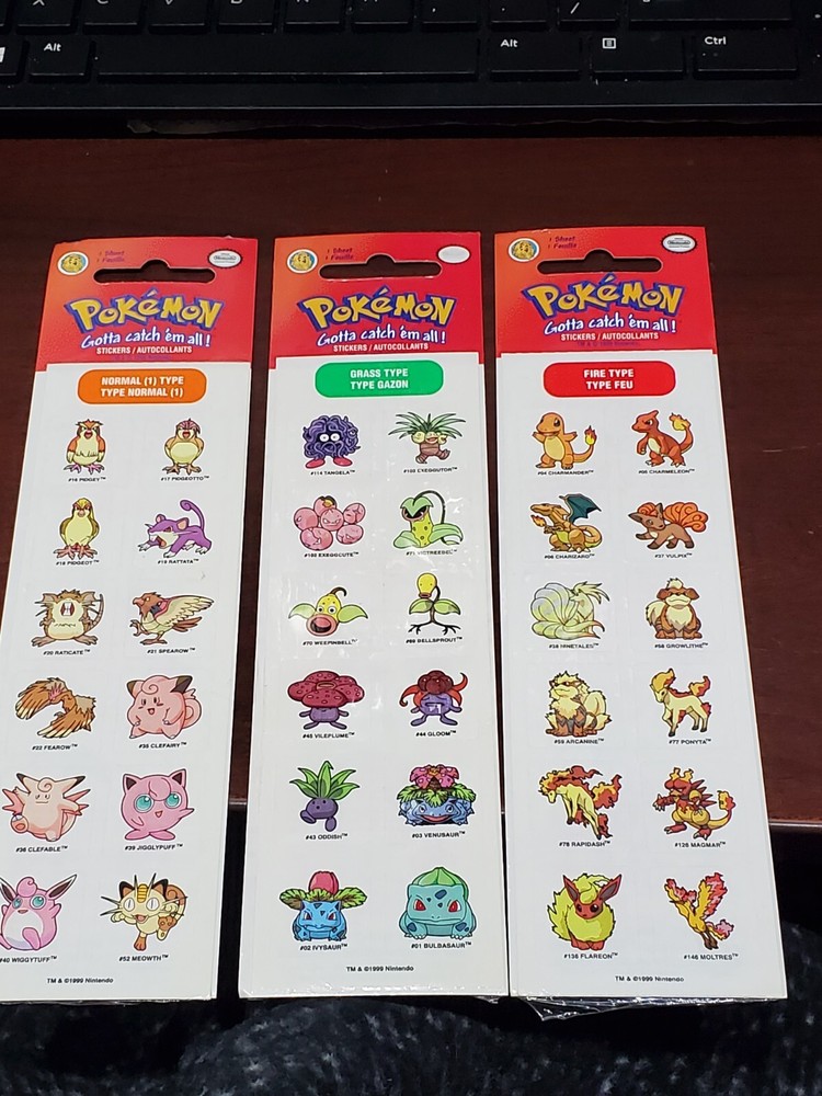 1999 Sandylion Pokemon Stickers 3 strip of 12 NIP FIRE GRASS & NORMAL type Eleme