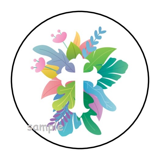30 PRETTY FLORAL CROSS ENVELOPE SEALS LABELS STICKERS 1.5″ ROUND RELIGIOUS