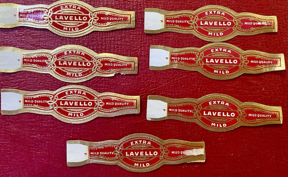 Lot Of 7 Vintage LAVELLO Cigar Bands – Red & Gold Gilt – Tobacciana 1950s
