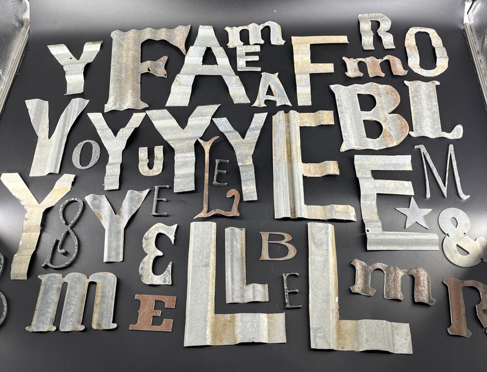 Huge Lot 40 Tin Aluminum Metal Letters Symbols Assortment Craft Rustic Brutalist