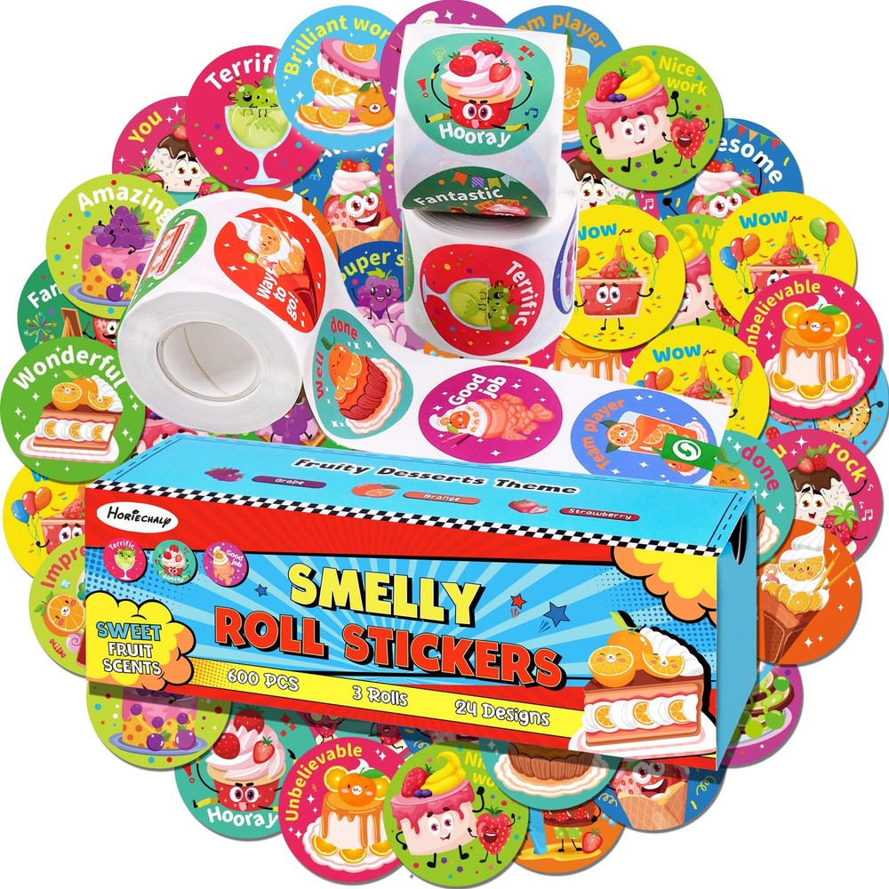 Scratch and Sniff Scented Reward Stickers, 600 Pcs, 3 Rolls, 1.57″