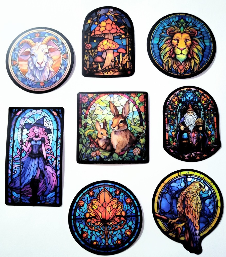 Stained Glass Style. Wizard, Witch, Lion, Mushrooms, More! 8 Stickers/Decals A