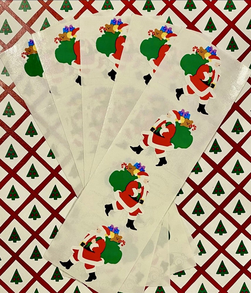 Vintage Mrs. Grossman Christmas Holiday Santa With Toy Sack 2×6 Sticker Strip 1