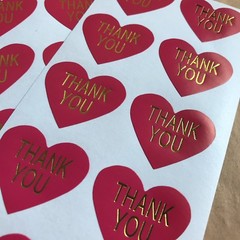 75 Heart Shaped Thank You Stickers On Glossy Hot Pink Paper With Gold Lettering