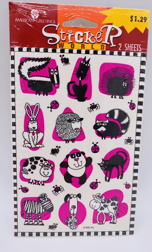 Vintage American Greetings Sticker World Animals Cartoon Pink Black 2 Sheets New
