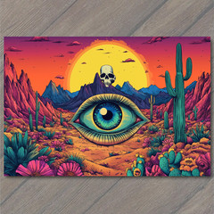 STICKER Sunset Skull Cactus Field Surreal Mountains Eye in Sky Vivid Art