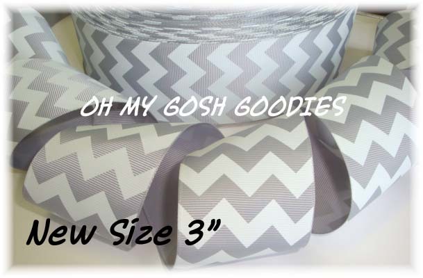 LAST 2 – 3 YARDS – 3″ EASTER GREY GRAY WHITE CHEVRON GROSGRAIN RIBBON