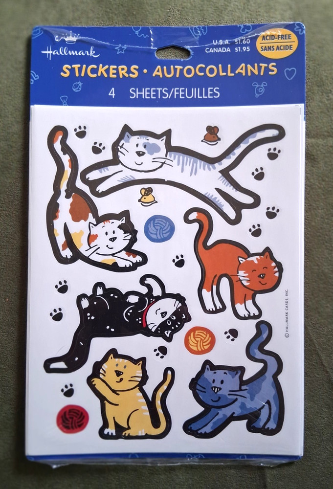 Vintage Hallmark Cat Stickers, mice yarn paws, kittens playing, 4 sheets, sealed