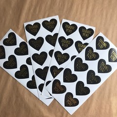 50 Heart Shaped Thank You Stickers On Glossy Black Paper With Gold Lettering