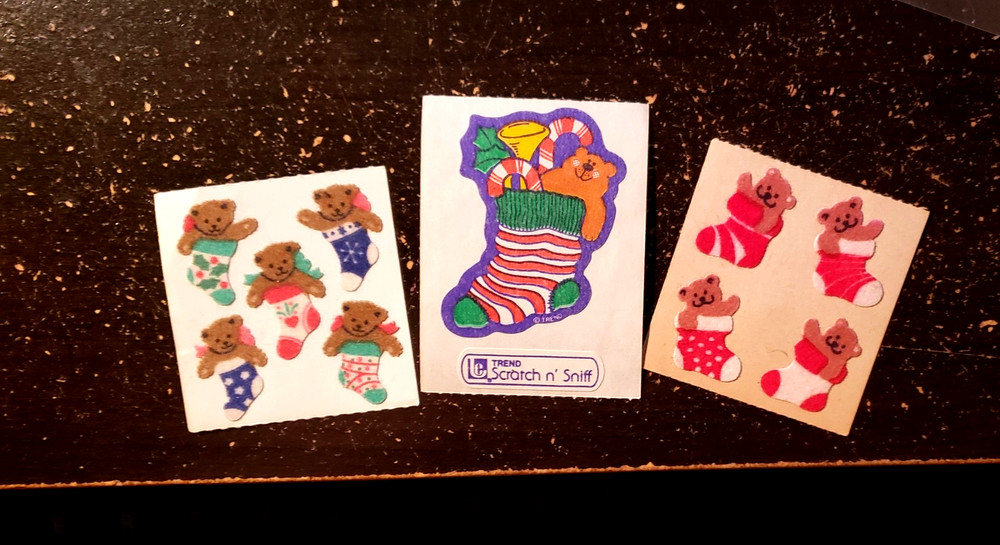 CHRISTMAS VINTAGE BEAR STICKER LOT 3 SANDYLION FUZZY TREND SCENTED PEPPERMINT