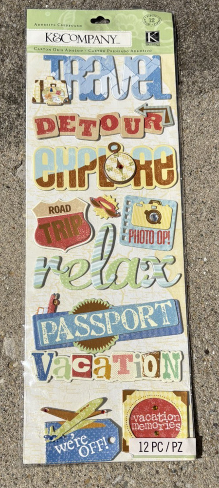 Large K & COMPANY ADHESIVE CHIPBOARD STICKERS TRAVEL ADVENTURES PASSPORT