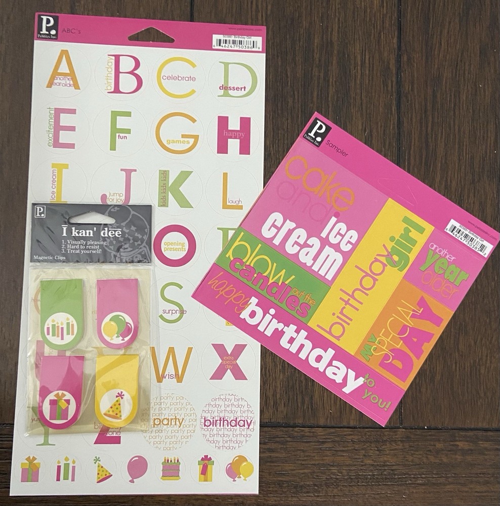 PEBBLES INC STICKERS ABC PHRASES BIRTHDAY GIRL BALLOONS PINK PARTY MEMORIES