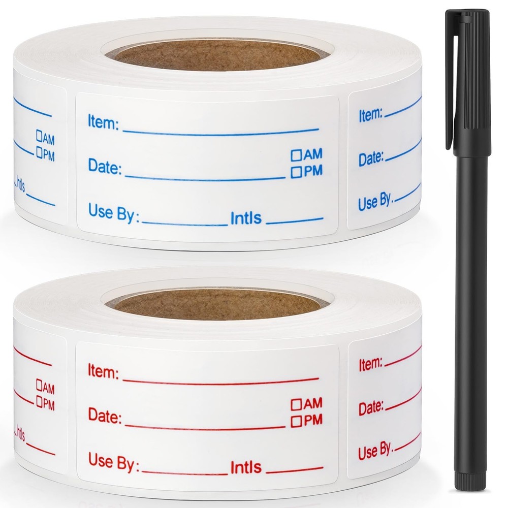 1000 Pcs Blue Red Removable Food Date Labels 1 x 2 Inch 2 Rolls