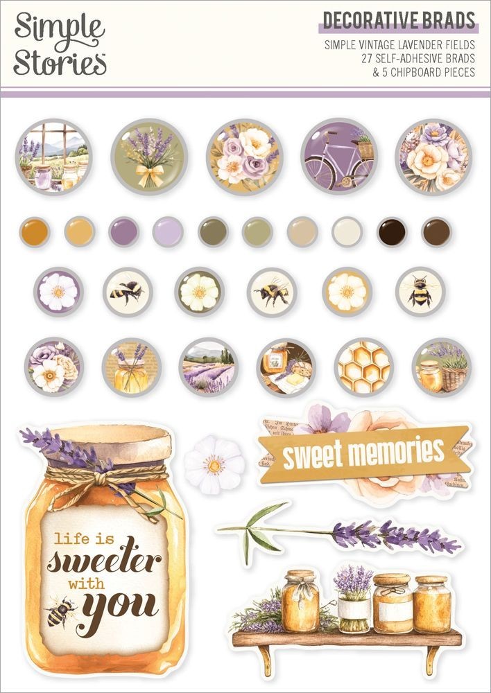 Decorative Brads SS Lavender Fields Sweet Memories Bees Honey Jar Comb Flowers