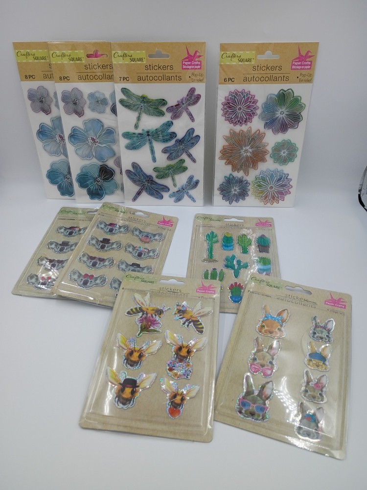 9-Pc 3D Shiny Pop-Up Sticker Set Flower Dragonfly Koala Bee Bunny Cactus