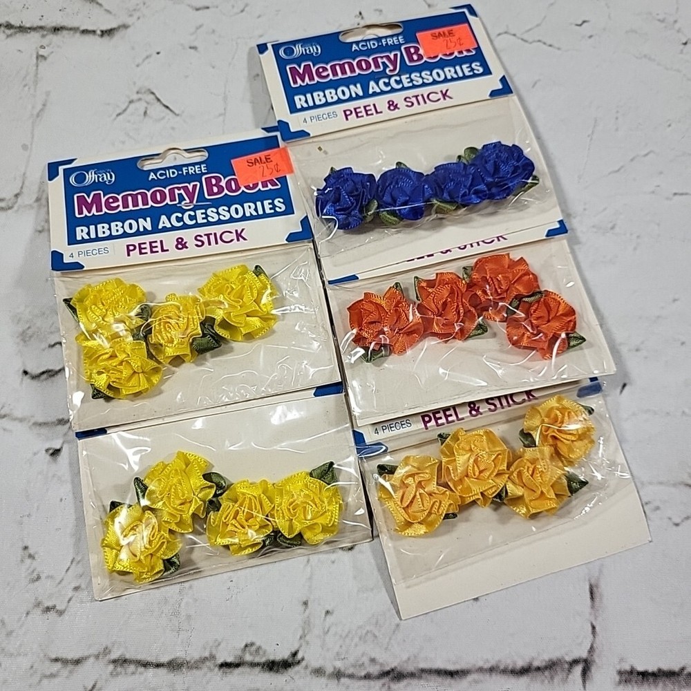 Vintage Peel & Stick Ribbon Roses Lot Of 5 Packs Yellow Blue Orange Crafts